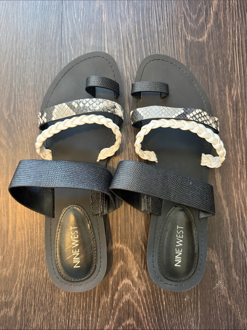 Nine West Black and Cream Braided Slide Sandals